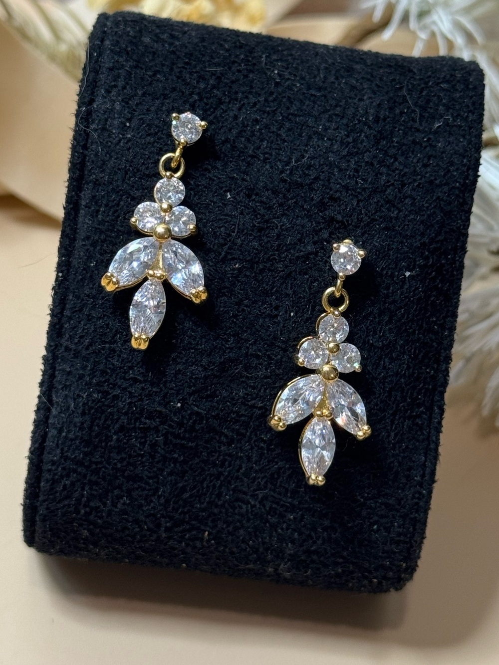 Gold Tone Clear Rhinestone Floral Drop Dangle Pierced Earrings